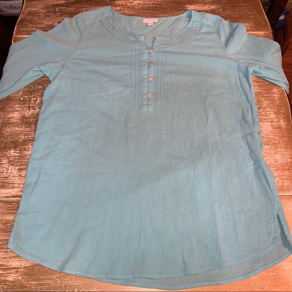 J Jill Blue 3/4 Sleeve Shirt Blouse Linen Tunic M